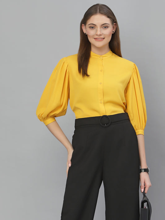 Style Quotient Women Solid Yellow Poly Moss Regular Formal Shirt