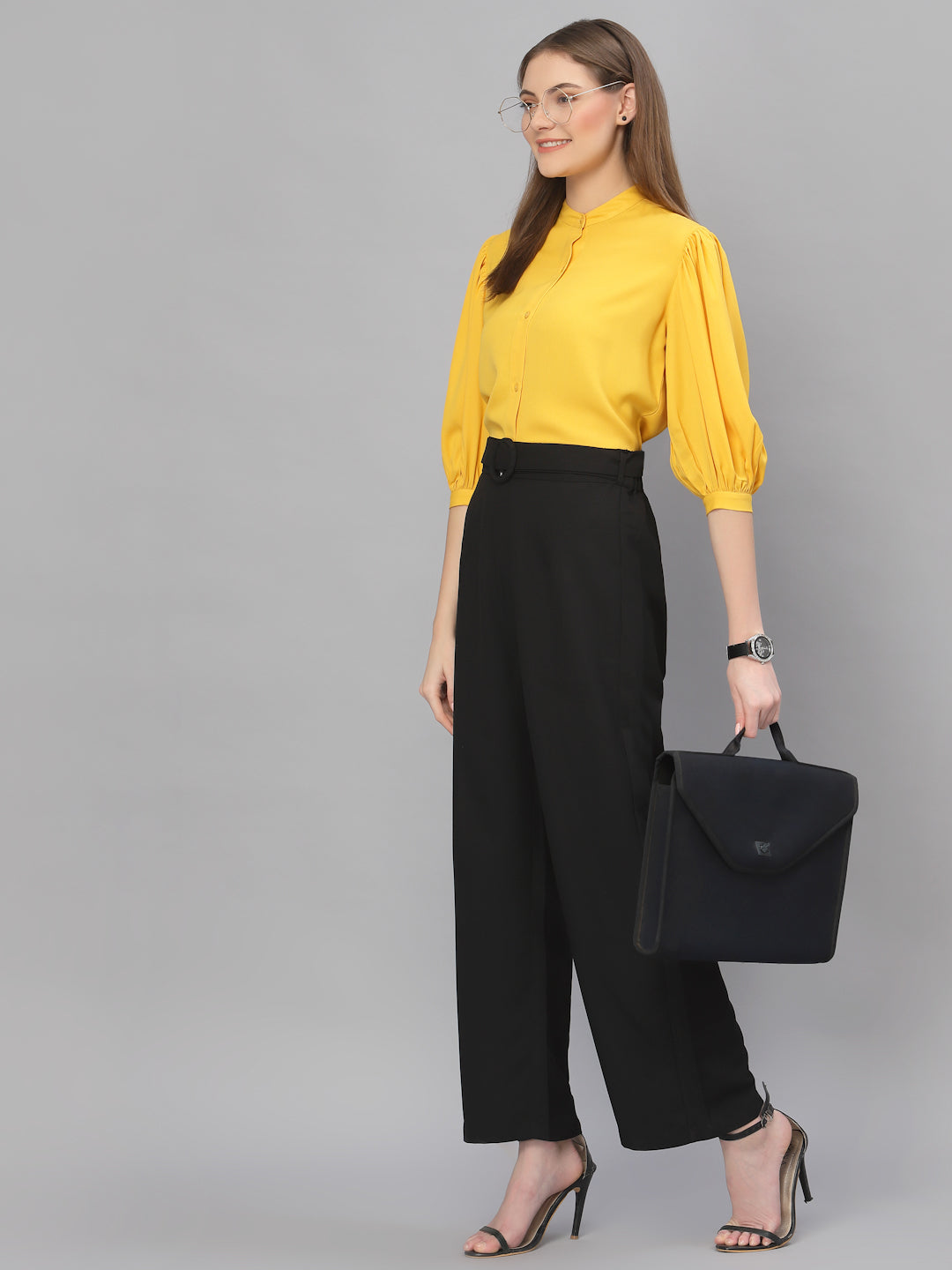 Style Quotient Women Solid Yellow Poly Moss Regular Formal Shirt