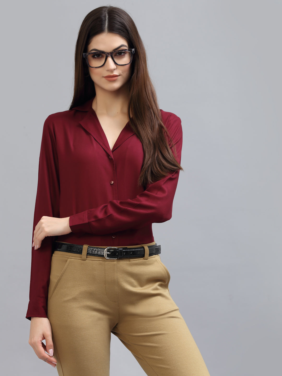 Style Quotient Women Solid Maroon Viscose Rayon Regular Formal Shirt