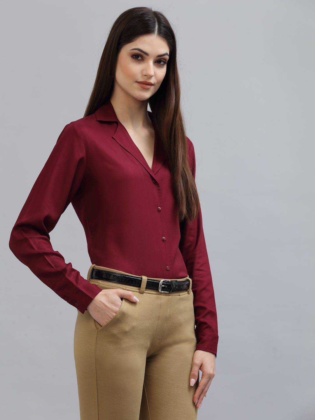 Style Quotient Women Solid Maroon Viscose Rayon Regular Formal Shirt