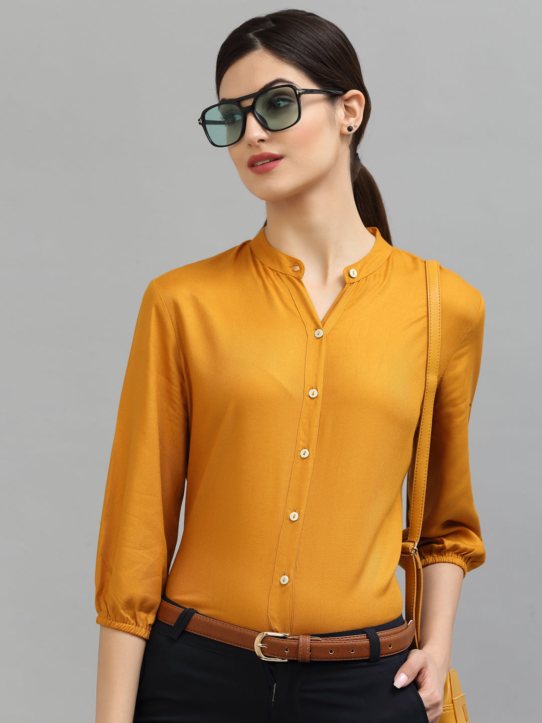 Style Quotient Women Solid Mustard Viscose Rayon Formal Shirt