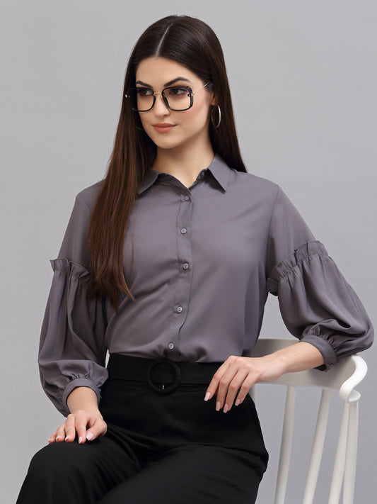 Style Quotient Women Solid Grey Poly Moss Regular Formal Shirt