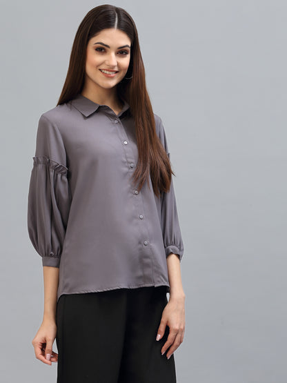 Style Quotient Women Solid Grey Poly Moss Regular Formal Shirt