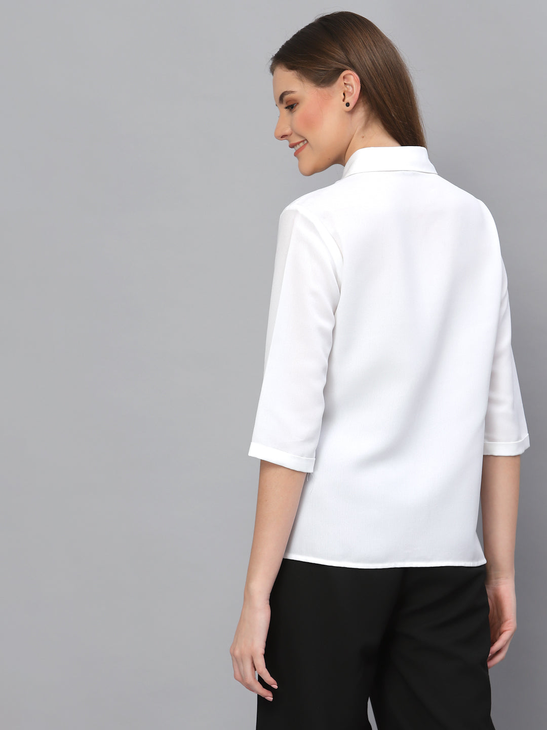 Style Quotient Women Solid White Poly Moss Regular Formal Shirt