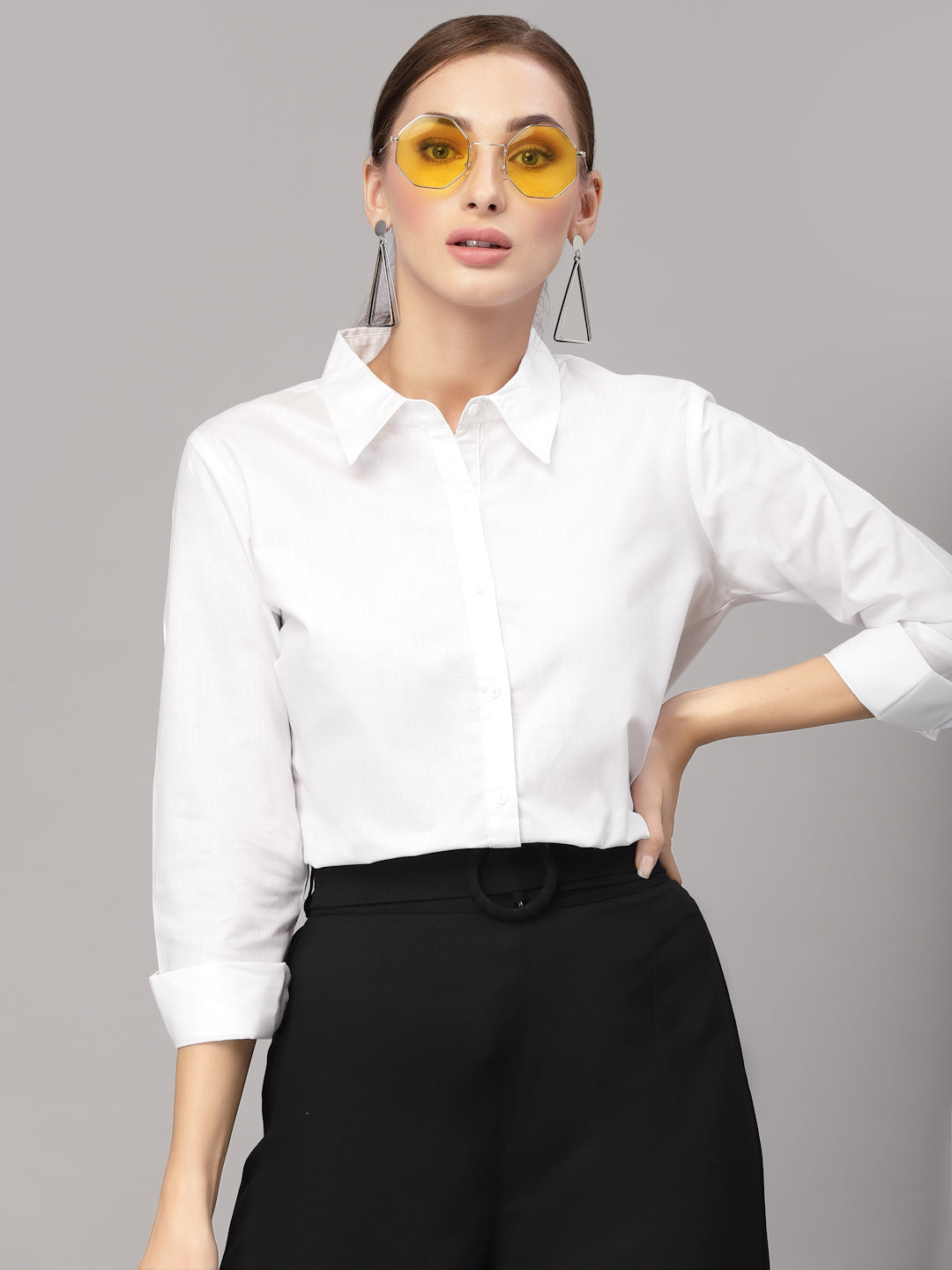 Style Quotient Women Solid White PolyCotton Regular Formal Shirt