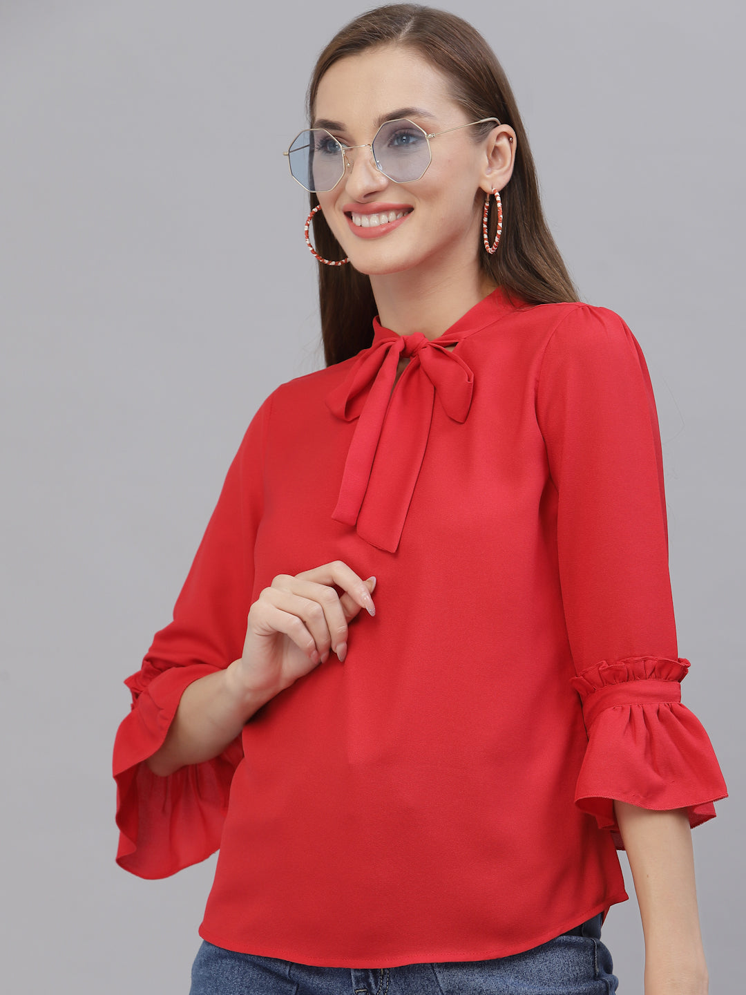 Style Quotient Women Solid Red Poly Moss Regular Smart Casual Top