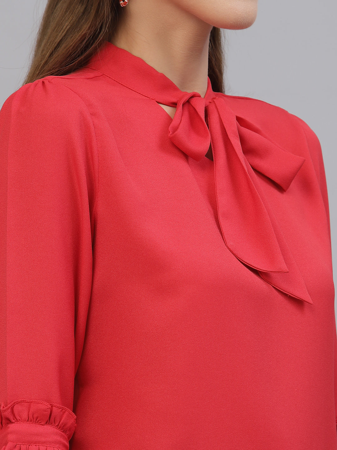 Style Quotient Women Solid Red Poly Moss Regular Smart Casual Top