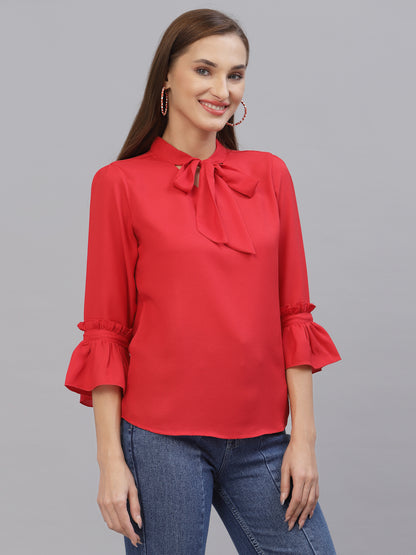 Style Quotient Women Solid Red Poly Moss Regular Smart Casual Top