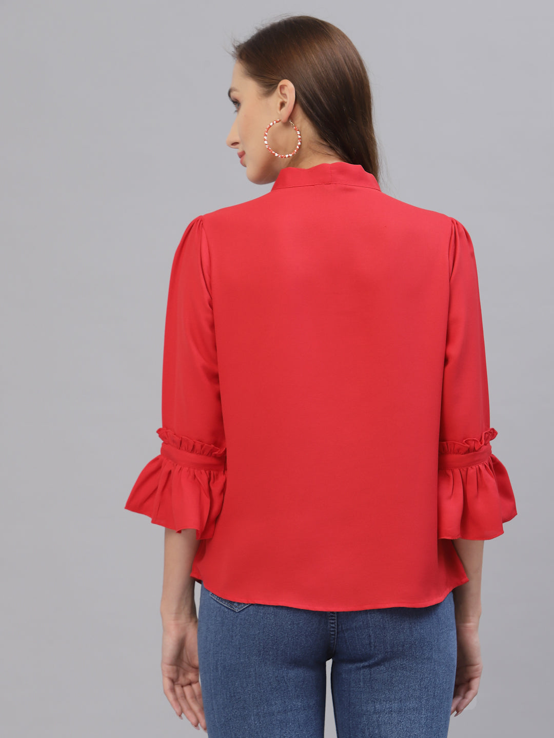 Style Quotient Women Solid Red Poly Moss Regular Smart Casual Top