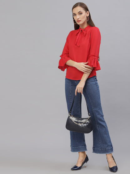 Style Quotient Women Solid Red Poly Moss Regular Smart Casual Top