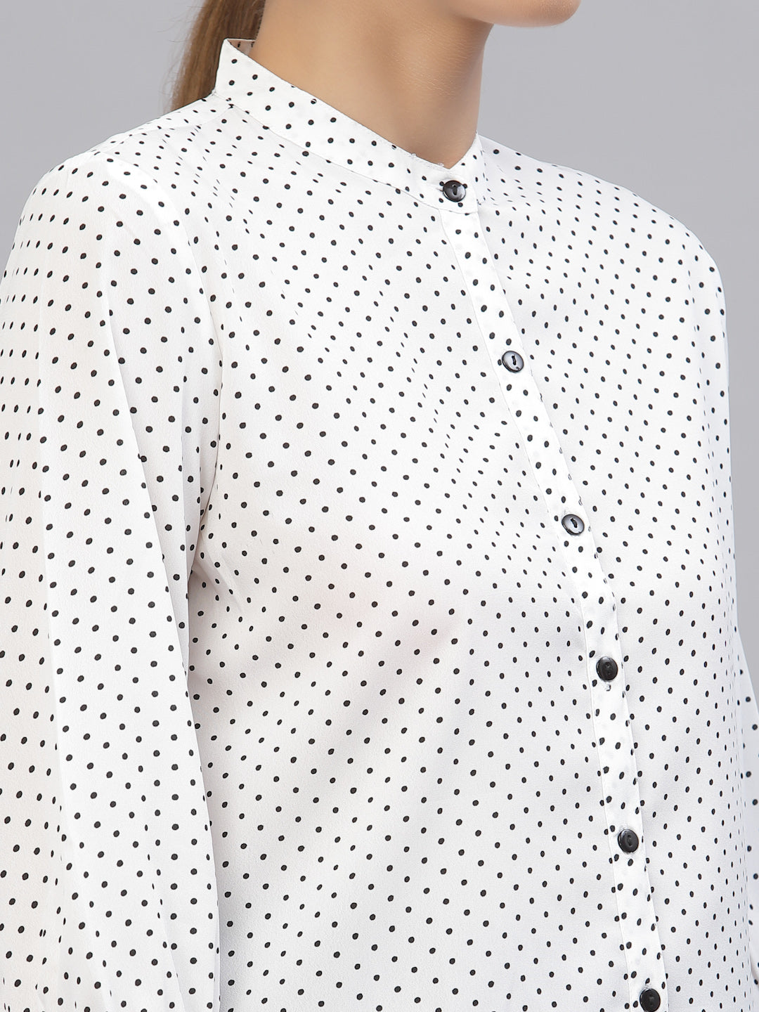 Style Quotient Women White And Black Polka Dot Printed Polyester Formal Top