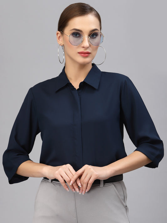 Style Quotient Women Solid Navy Poly Moss Regular Formal Shirt