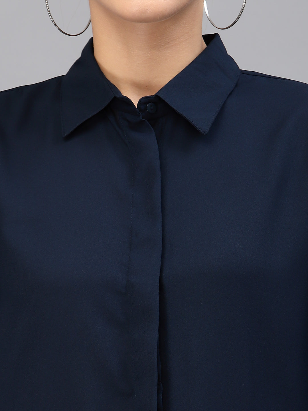 Style Quotient Women Solid Navy Poly Moss Regular Formal Shirt