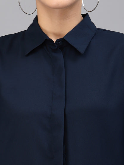 Style Quotient Women Solid Navy Poly Moss Regular Formal Shirt