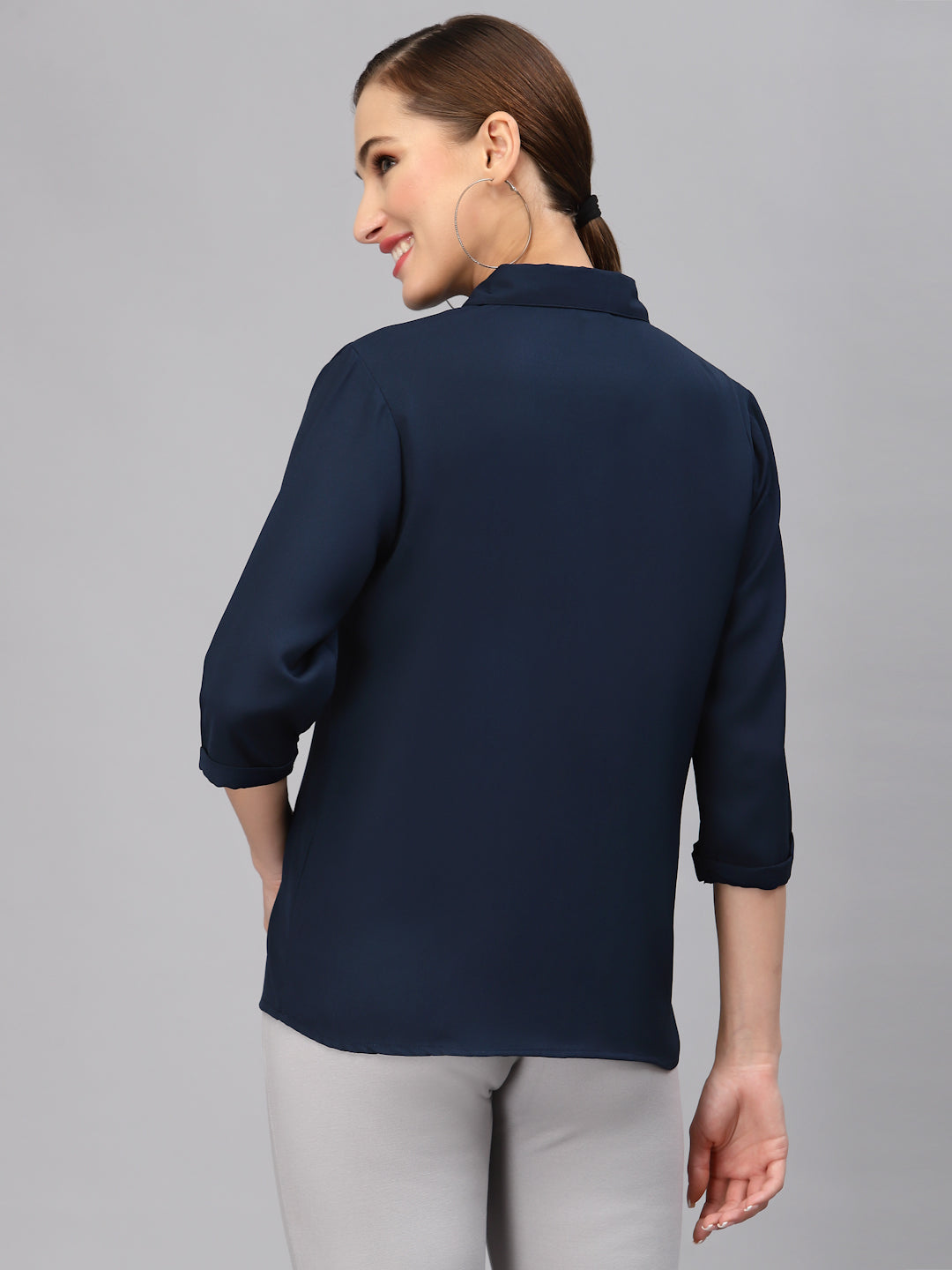 Style Quotient Women Solid Navy Poly Moss Regular Formal Shirt