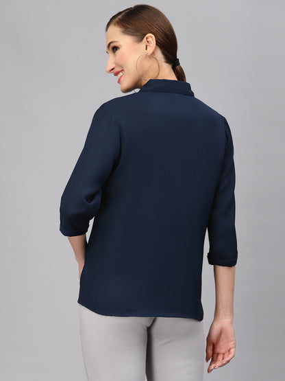 Style Quotient Women Solid Navy Poly Moss Regular Formal Shirt