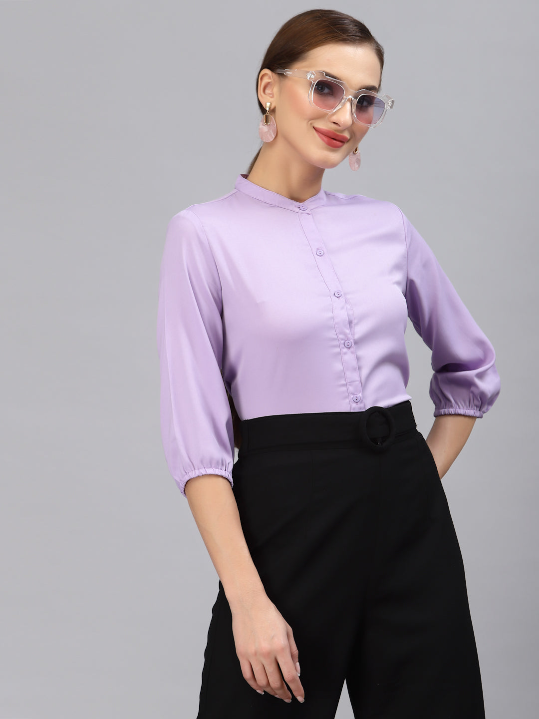 Style Quotient Women Solid Lilac Polyester Formal Shirt