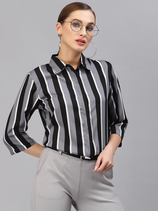 Style Quotient Women Grey and Multi Stripe Poly Moss Regular Formal Shirt