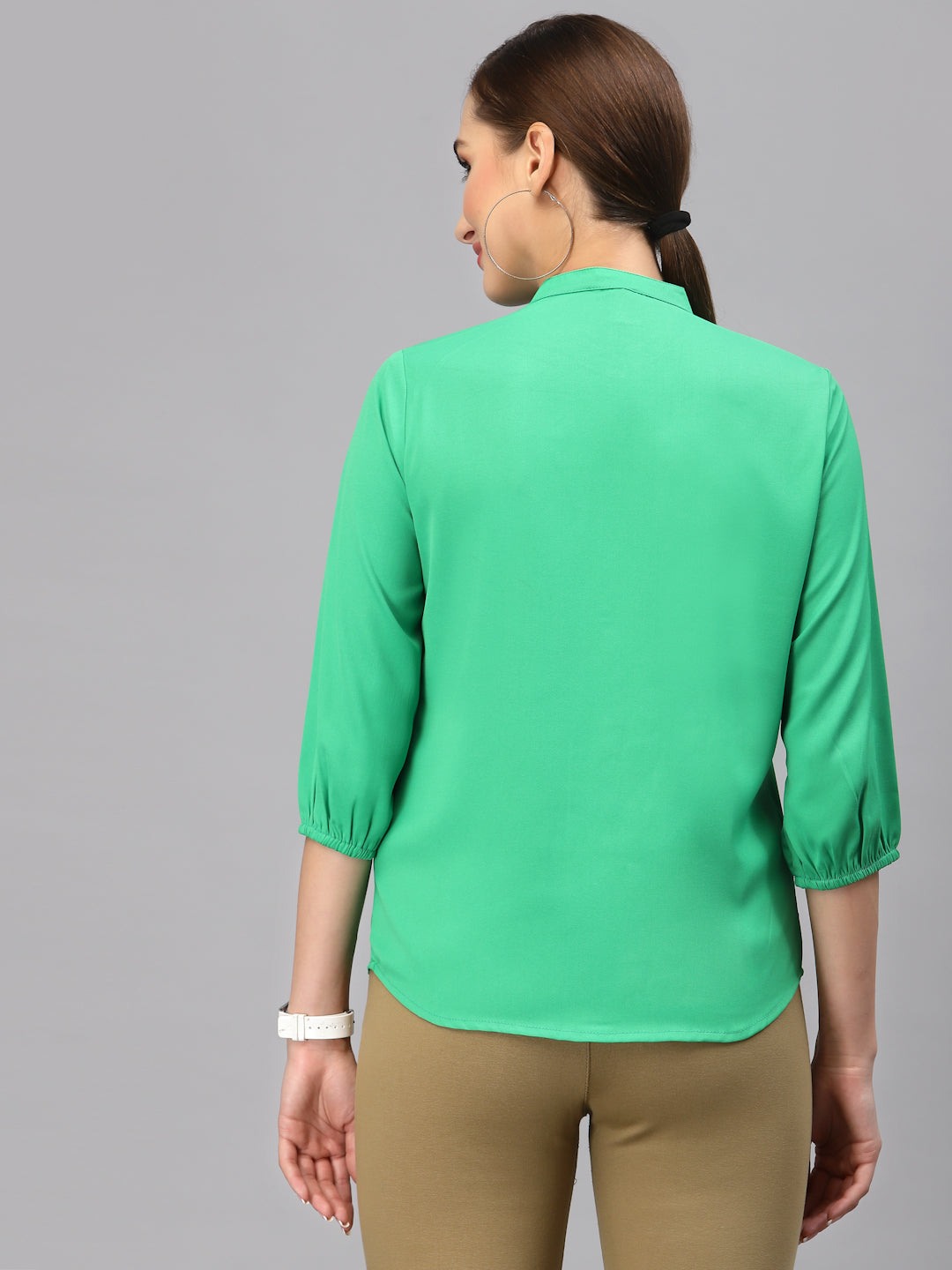 Style Quotient Women Solid Green Polyester Formal Shirt