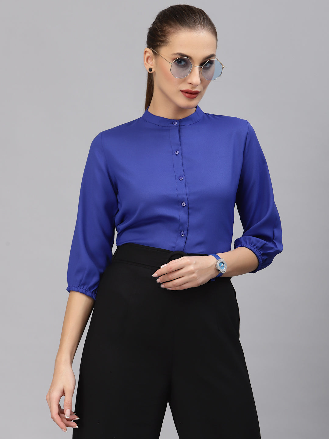 Style Quotient Women Solid Cobalt Blue Polyester Formal Shirt