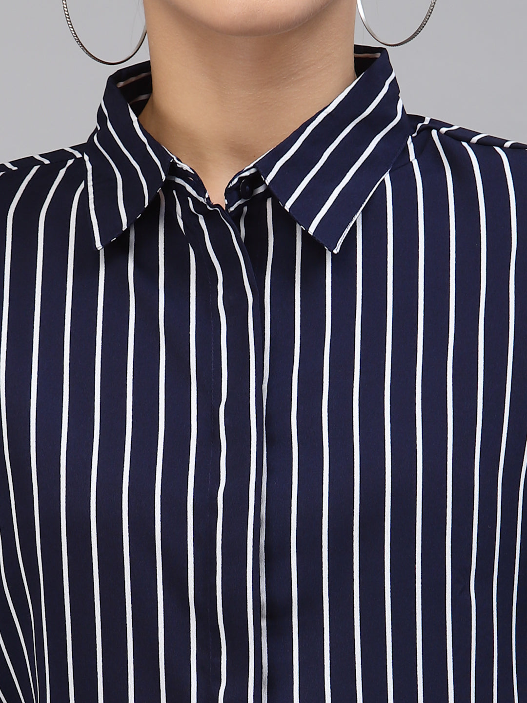 Style Quotient Women Navy and Blue Stripe Polymoss Regular Formal Shirt