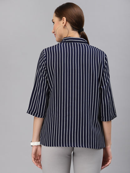 Style Quotient Women Navy and Blue Stripe Polymoss Regular Formal Shirt