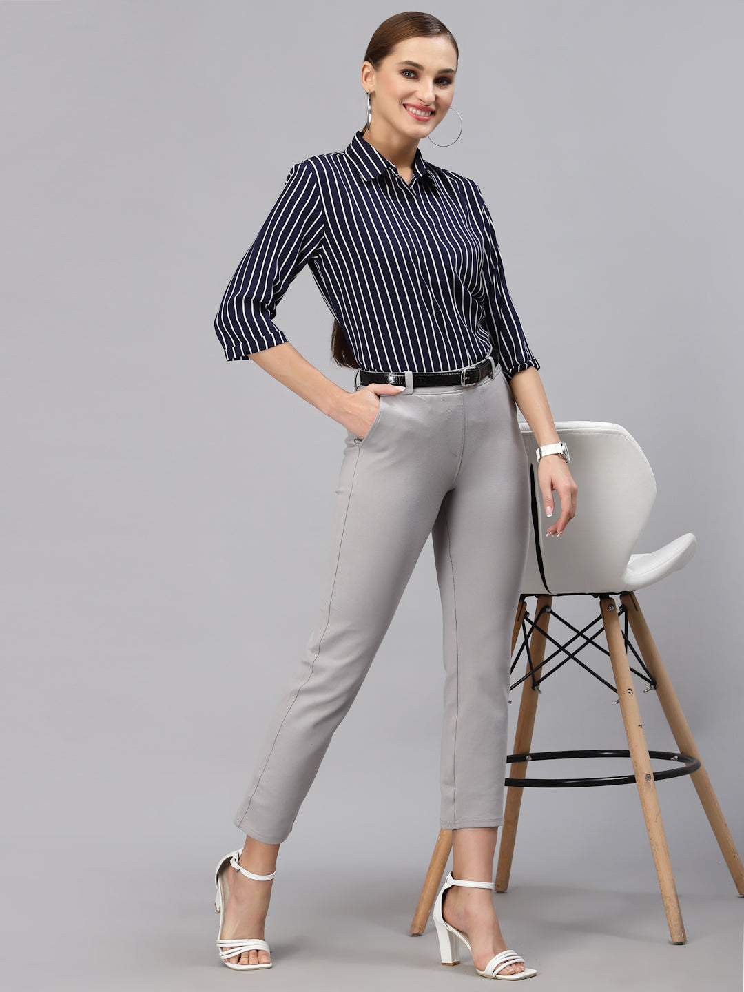 Style Quotient Women Navy and Blue Stripe Polymoss Regular Formal Shirt