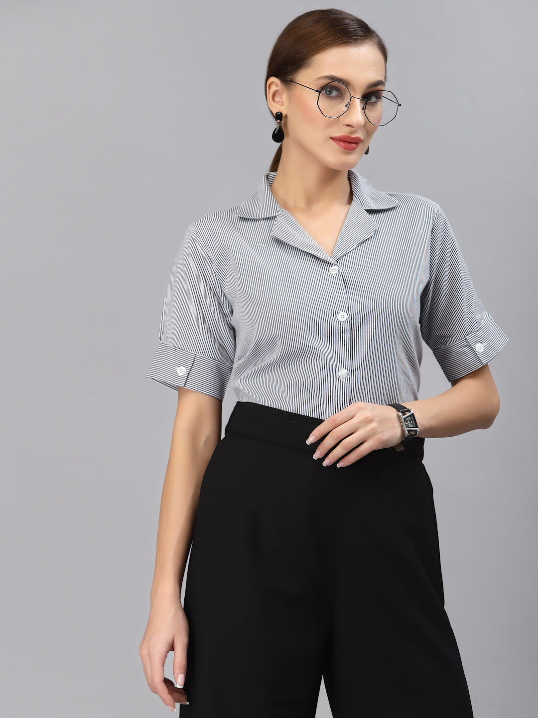 Style Quotient Women Navy White Smart Striped Formal Shirt