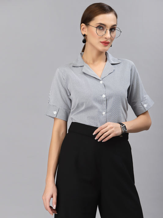 Style Quotient Women Navy White Smart Striped Formal Shirt