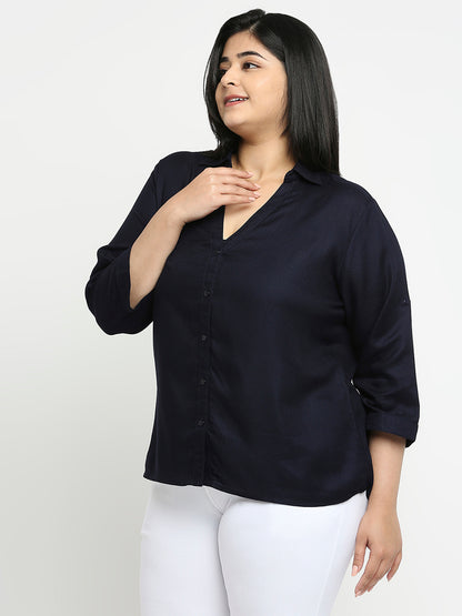 Style Quotient Women Solid Navy Viscose Rayon Formal Shirt