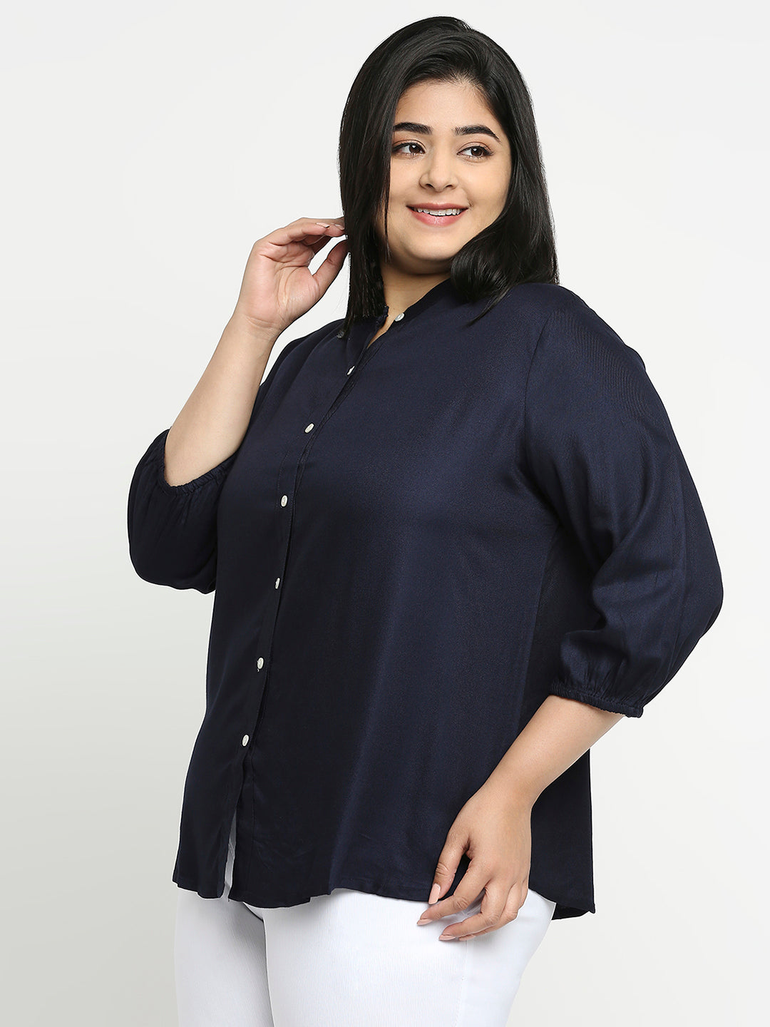 Style Quotient Plus Women Solid Navy Blue Viscose Rayon Formal Shirt