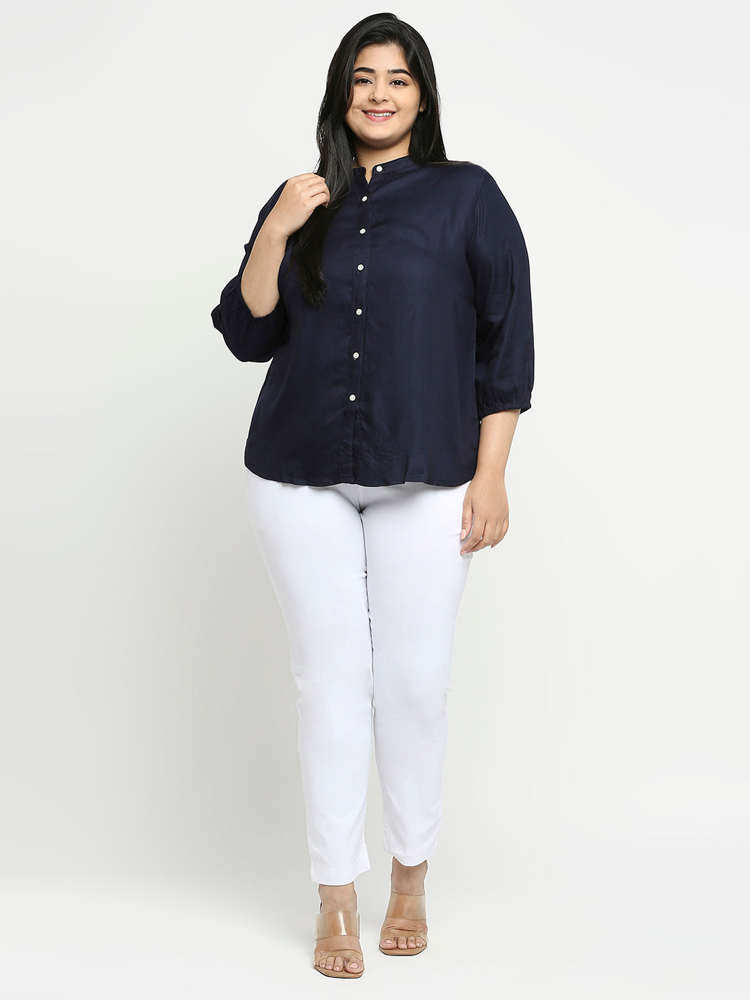 Style Quotient Plus Women Solid Navy Blue Viscose Rayon Formal Shirt