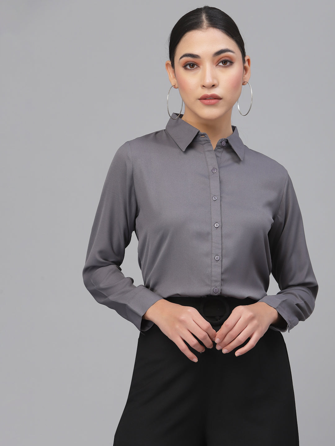 Style Quotient Women Solid Grey Poly Moss Regular Formal Shirt