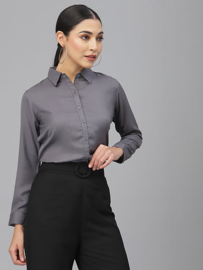 Style Quotient Women Solid Grey Poly Moss Regular Formal Shirt