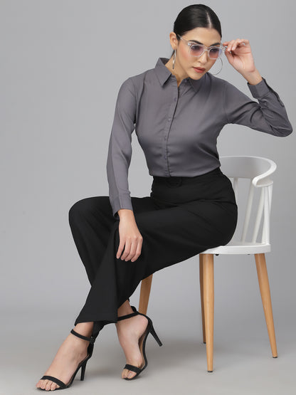 Style Quotient Women Solid Grey Poly Moss Regular Formal Shirt