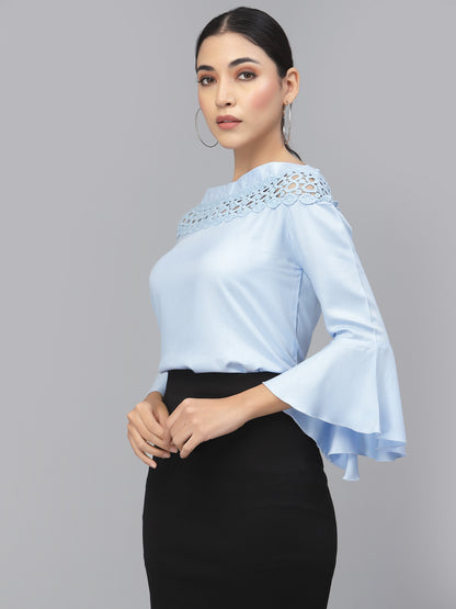 Style Quotient Women Solid Light Blue Viscose Rayon Smart Casual Top