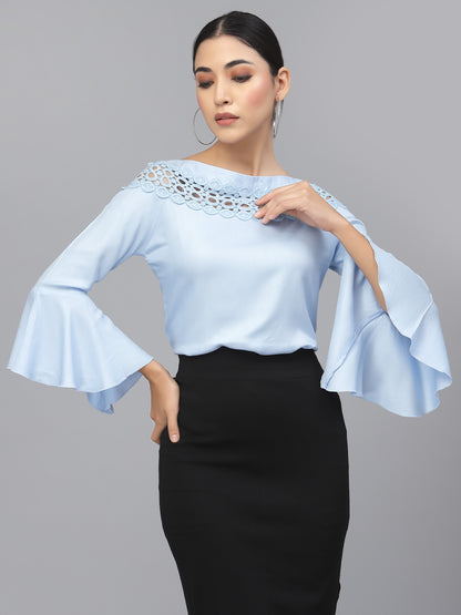 Style Quotient Women Solid Light Blue Viscose Rayon Smart Casual Top