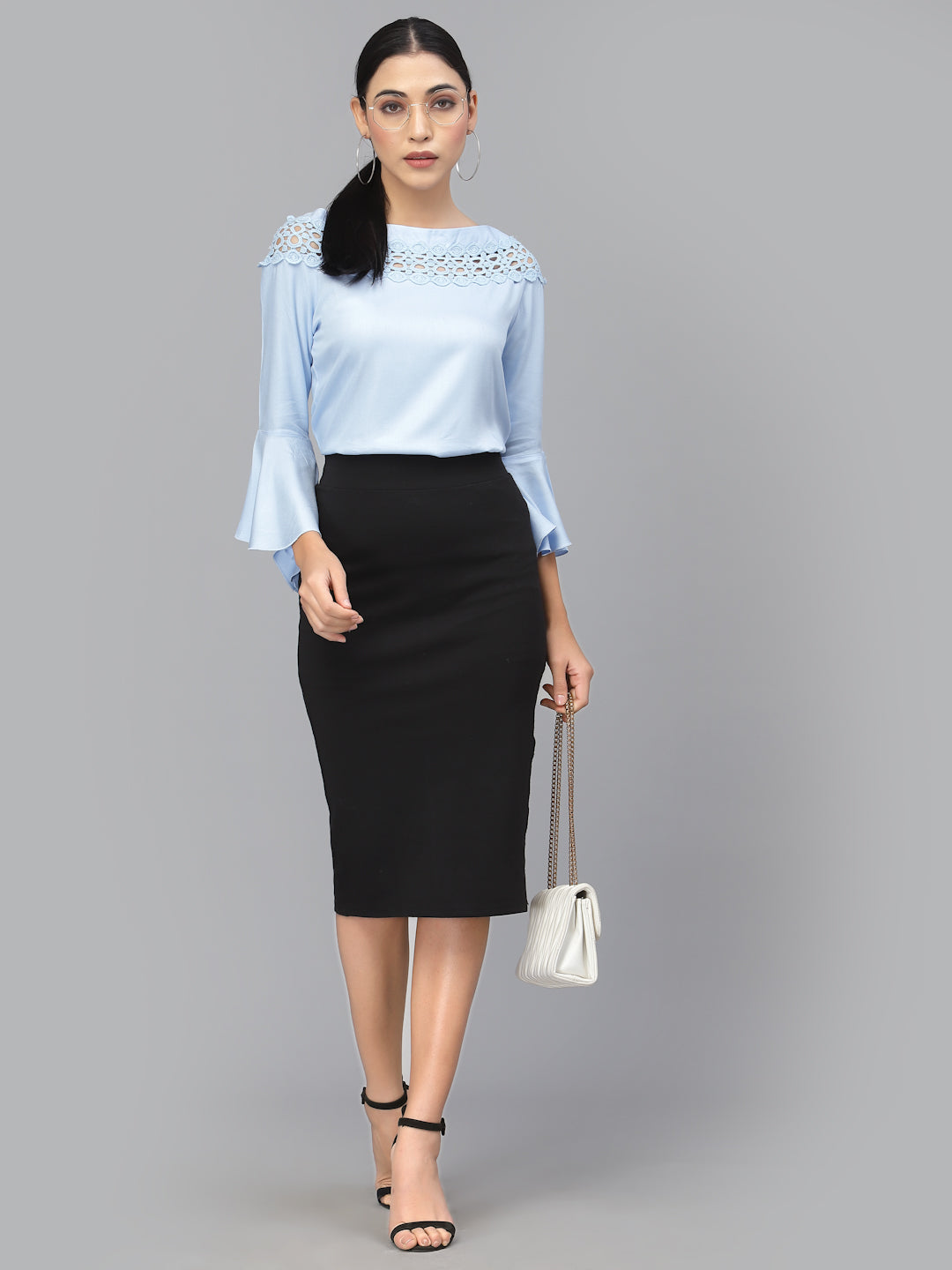 Style Quotient Women Solid Light Blue Viscose Rayon Smart Casual Top