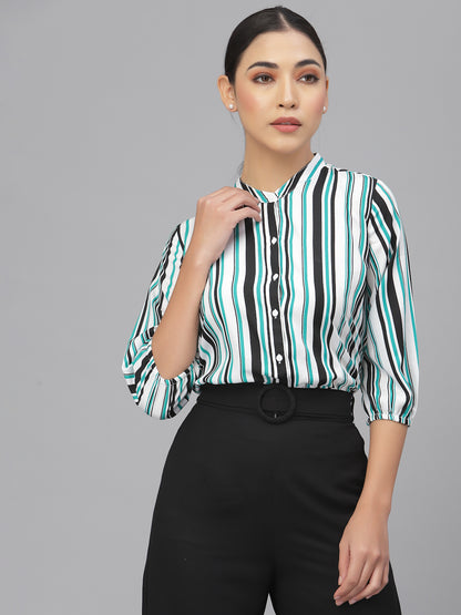 Style Quotient Women Solid Green White Polyester Formal Shirt