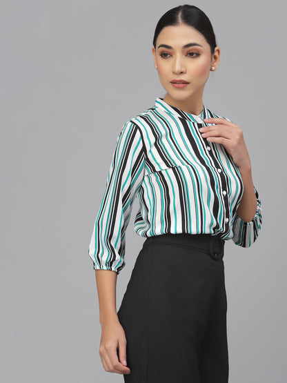 Style Quotient Women Solid Green White Polyester Formal Shirt