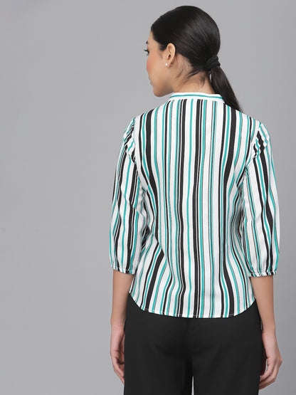 Style Quotient Women Solid Green White Polyester Formal Shirt