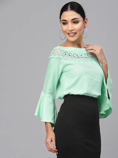 Style Quotient Women Solid Mint Green Viscose Rayon Smart Casual Top