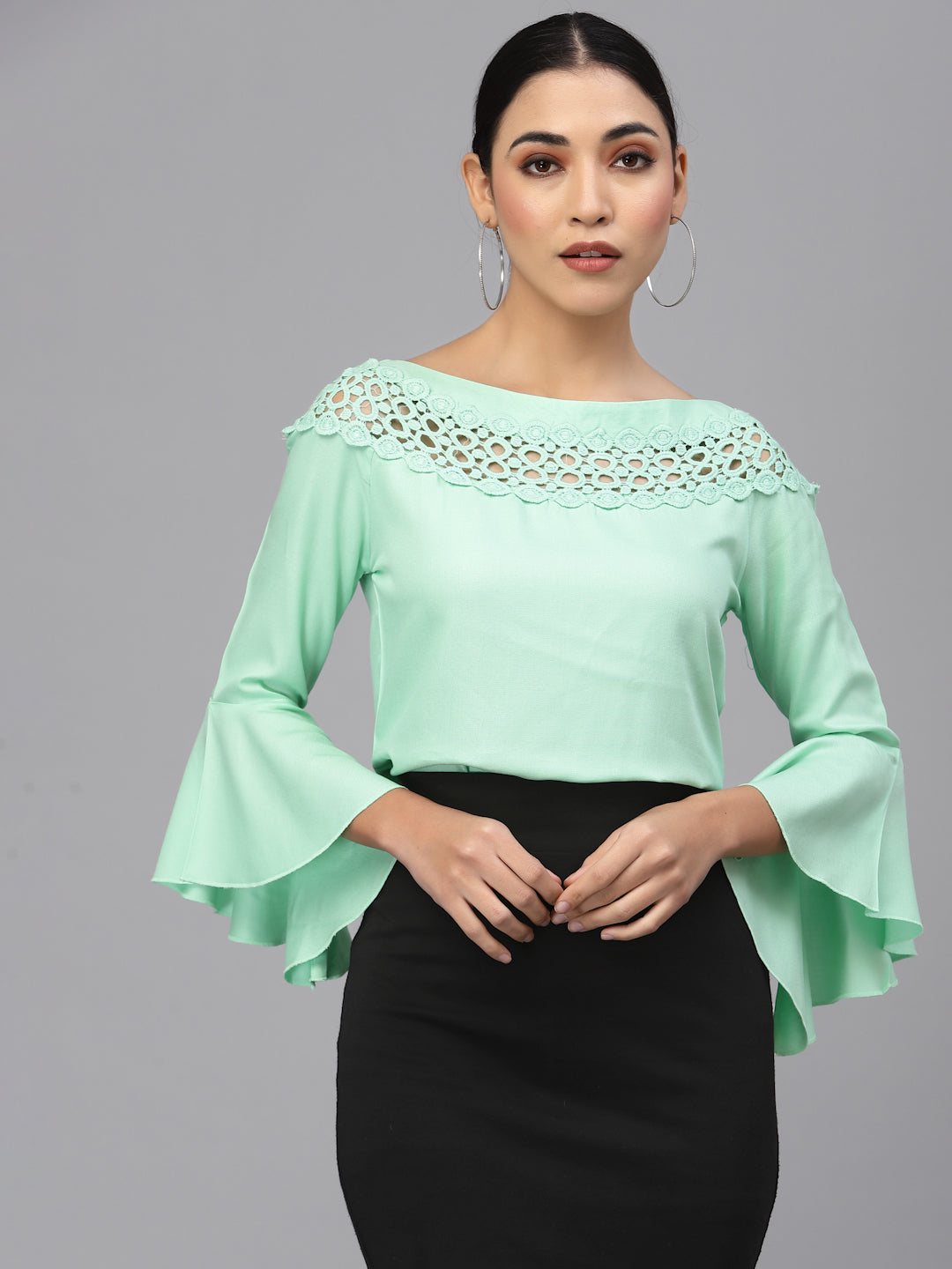 Style Quotient Women Solid Mint Green Viscose Rayon Smart Casual Top