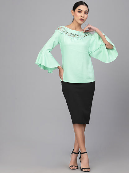 Style Quotient Women Solid Mint Green Viscose Rayon Smart Casual Top