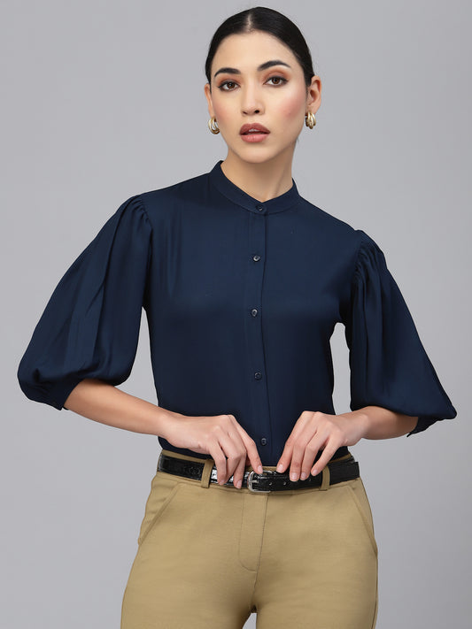 Style Quotient Women Solid Navy Poly Moss Regular Formal Shirt