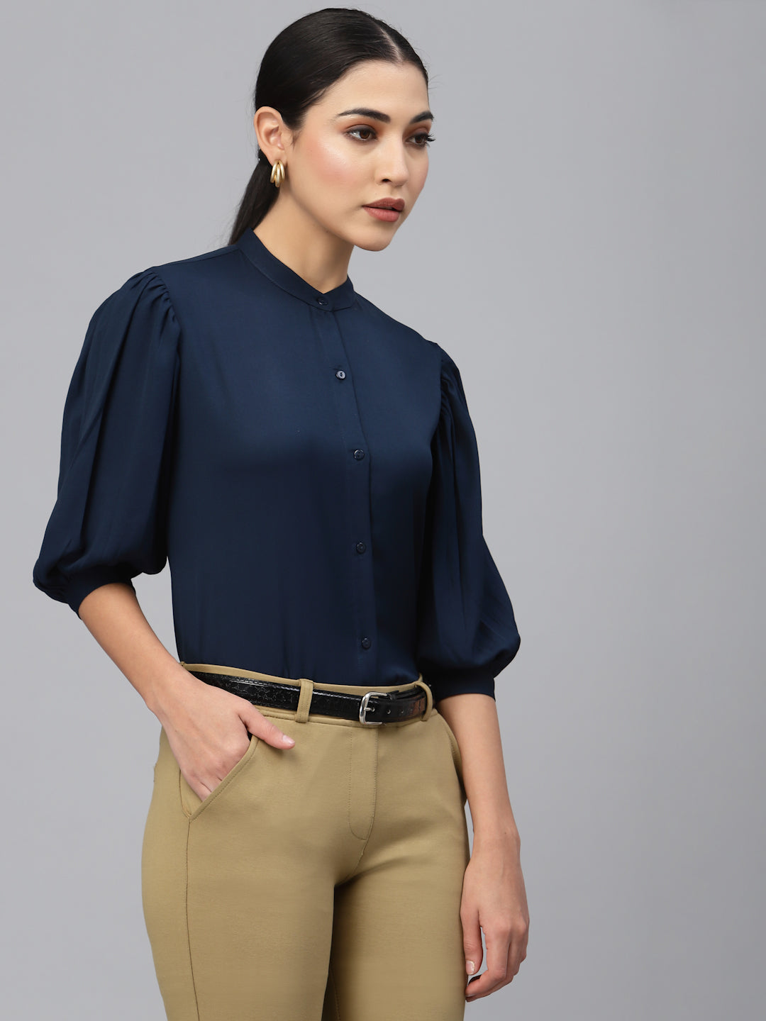 Style Quotient Women Solid Navy Poly Moss Regular Formal Shirt