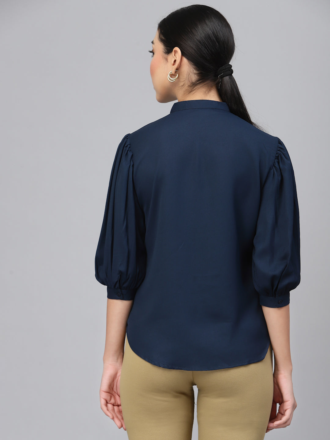 Style Quotient Women Solid Navy Poly Moss Regular Formal Shirt