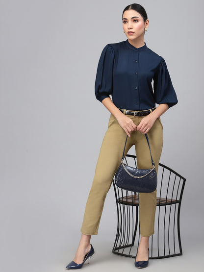 Style Quotient Women Solid Navy Poly Moss Regular Formal Shirt