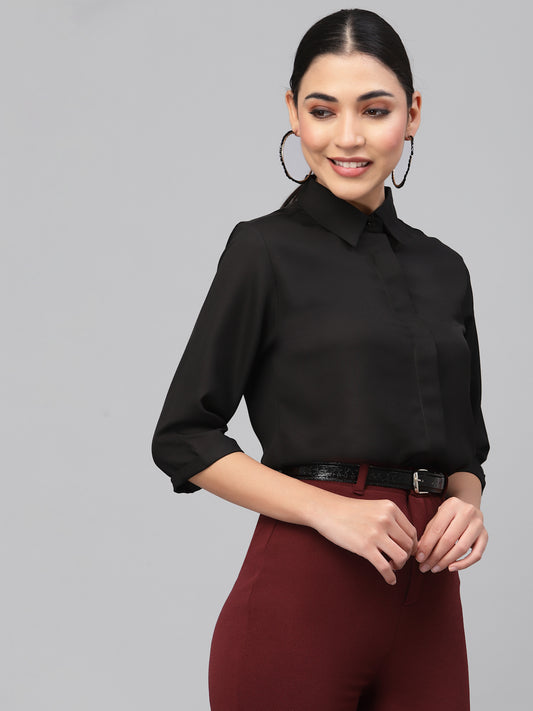 Style Quotient Women Solid Black Poly Moss Regular Formal Shirt