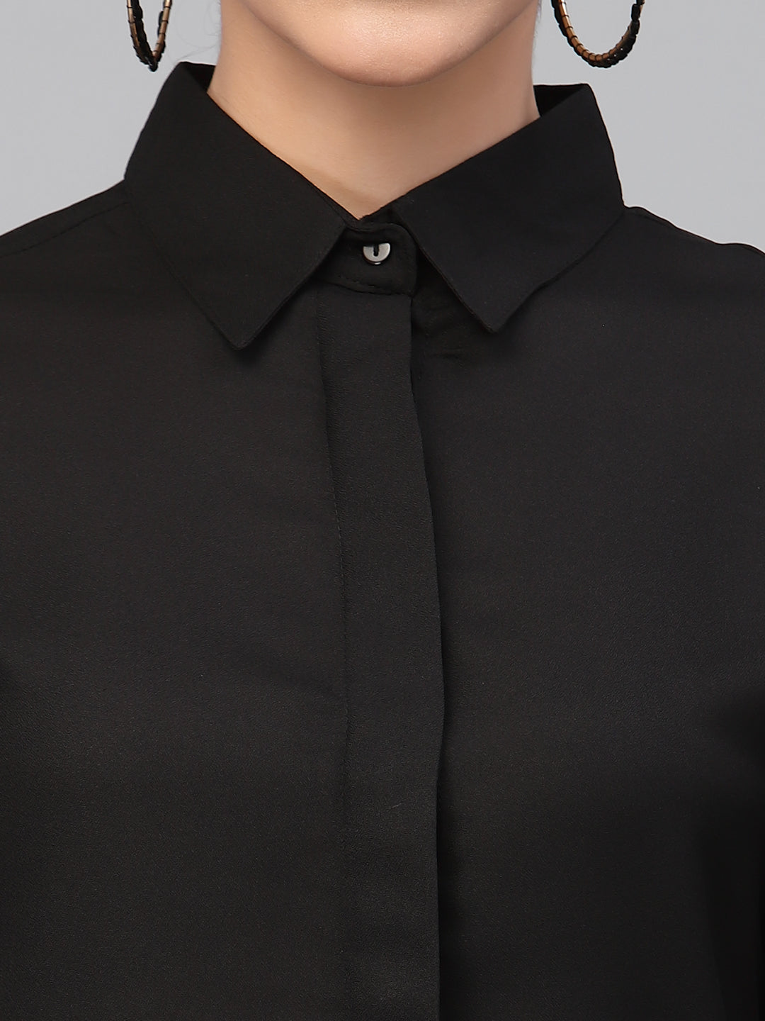 Style Quotient Women Solid Black Poly Moss Regular Formal Shirt